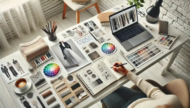 Workspace featuring design tools, color swatches, and fashion sketches for creating a fashion magazine.