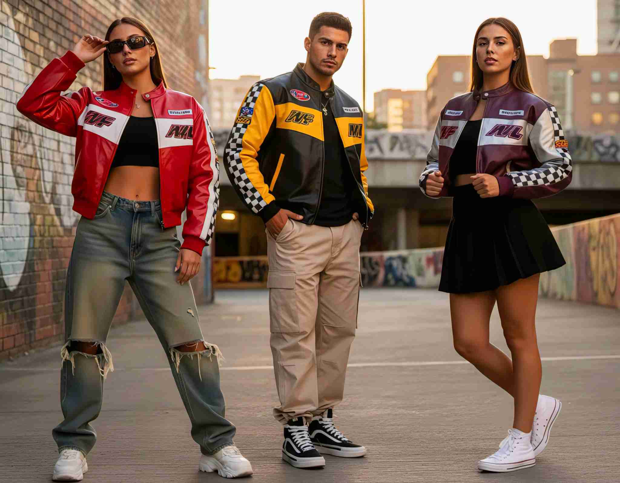 Trendy streetwear outfit showing 10 ways to style a racing jacket with denim, skirts, and sneakers in an urban setting.