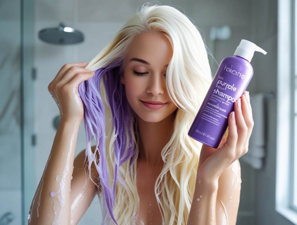 Woman using purple shampoo once a week to maintain bright blonde hair and prevent yellow tones.