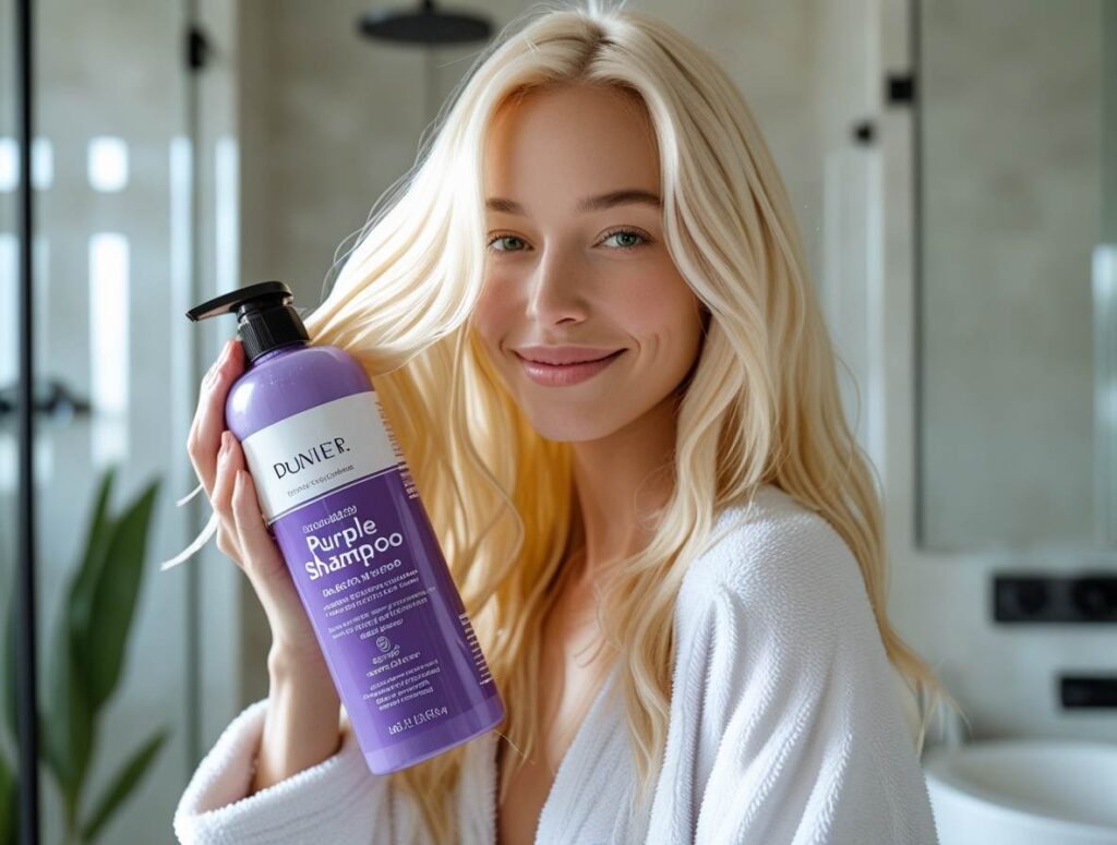 Woman using purple shampoo once a week to maintain bright blonde hair and prevent yellow tones.