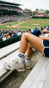 Close-up outfit shot highlighting chunky sneakers, crew socks, sporty outfit, aesthetic composition, street style vibe