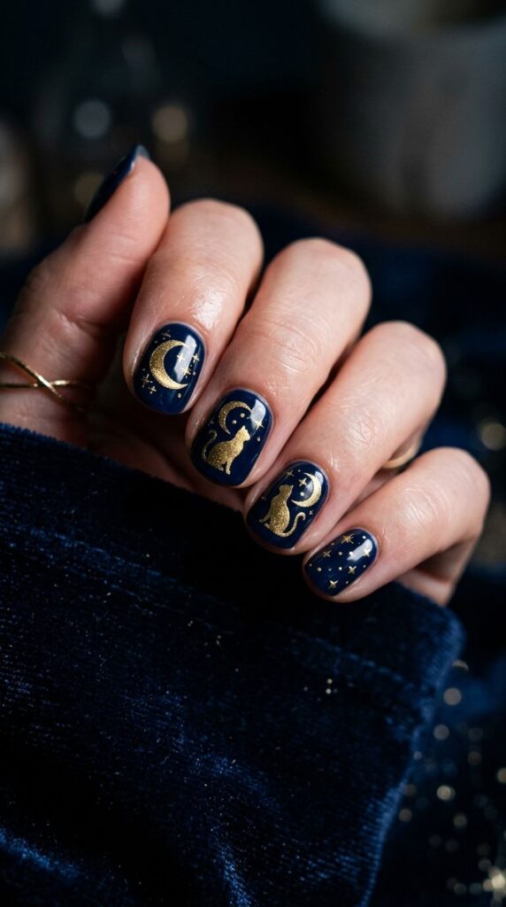 cat and moon nails