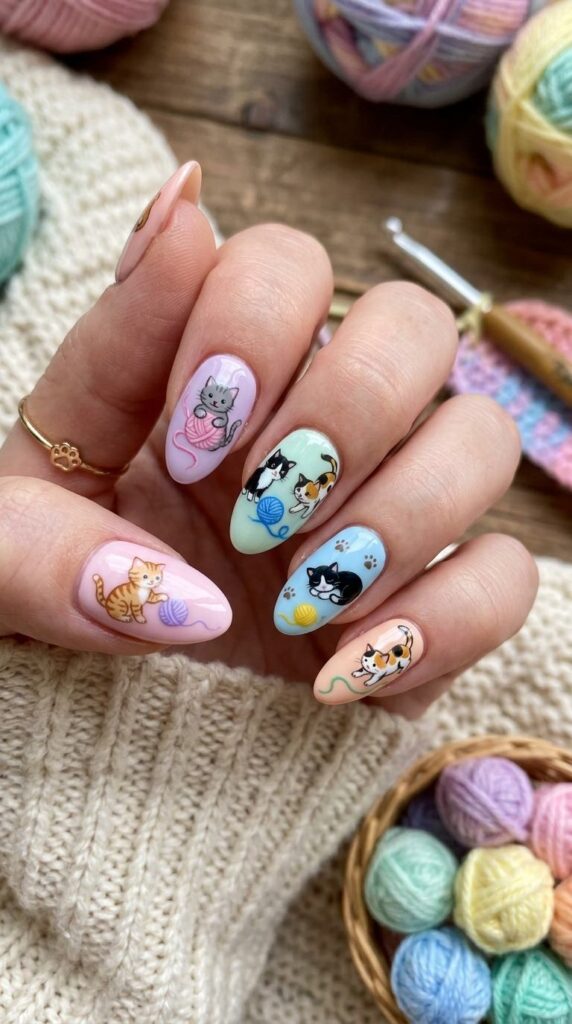 Cat and Yarn Nails