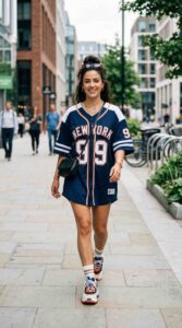 Fashion-forward woman wearing oversized baseball jersey as a dress, chunky sneakers, confident pose, clean city background, editorial fashion look