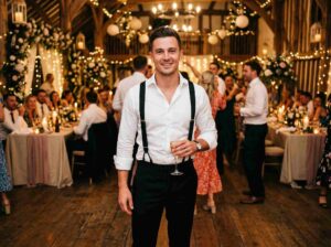 Groom reception outfit with white shirt