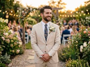 Groom wearing beige summer wedding suit