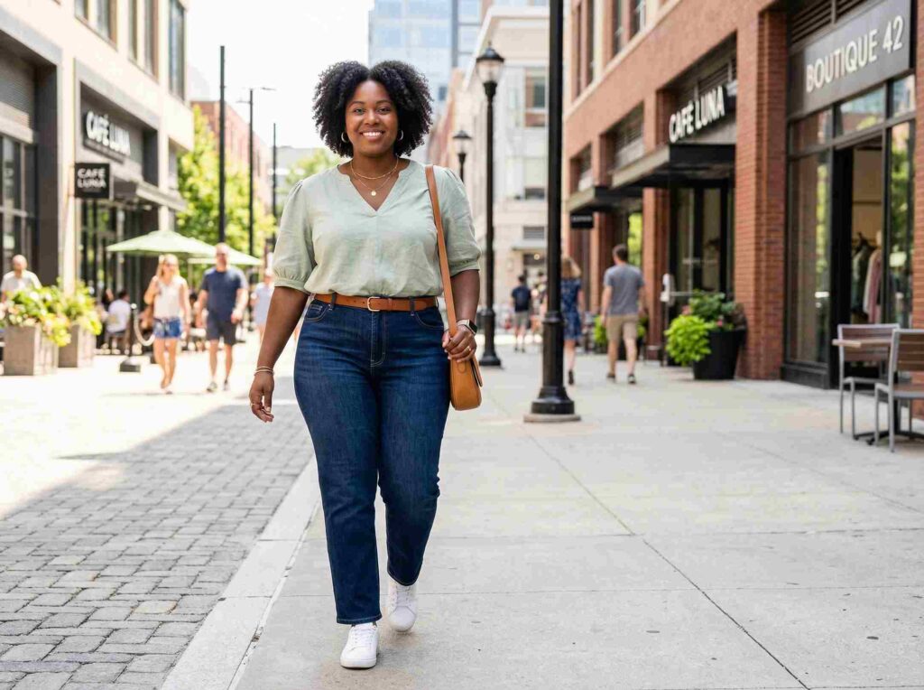 High-Waisted Jeans with Lightweight Blouse