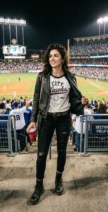 Leather jacket over baseball tee