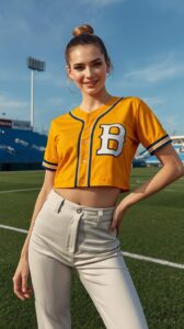 Crop Jersey + High-Waisted Pants Modern outfit with cropped baseball jersey, high-waisted trousers, stylish pose, clean urban background