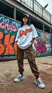 Streetwear Baseball Outfit Edgy streetwear look with oversized tee, cargo pants, baseball cap, chunky sneakers, graffiti wall background