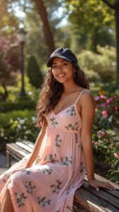 Baseball Cap + Sundress Soft feminine outfit with flowy sundress and baseball cap, sunny day, outdoor garden or park setting, dreamy lighting