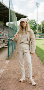 Neutral-tone baseball outfit