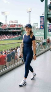 Woman wearing coordinated athleisure set with baseball cap, sporty sneakers, minimal background, clean aesthetic, influencer style