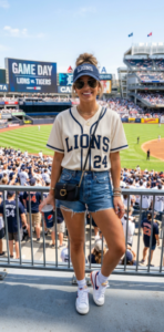 Stylish baseball outfit with sunglasses, mini bag, jewelry, confident pose, influencer vibe, stadium background