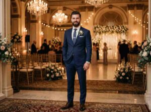 groom in a modern navy blue wedding suit